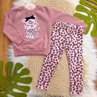 Conj. Blusa de Moletom Tigresa e Legging Flare - Rose e Preto